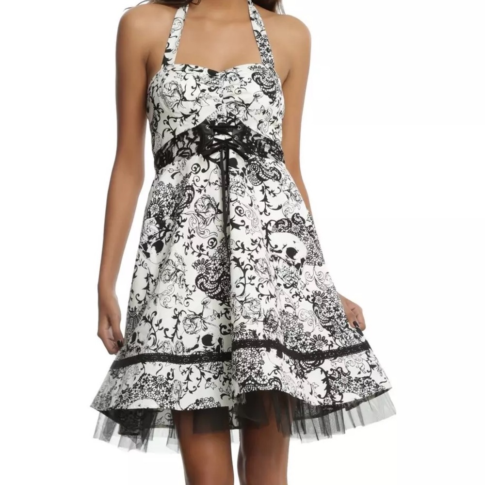 Hot Topic Black & Ivory Sweetheart Halter Skull Dress